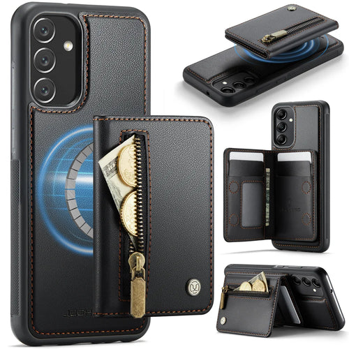 JEEHOOD For Samsung Galaxy A34 5G Case  J12 Magnetic Detachable Zipper Wallet Kickstand Leather Back Cover Magnetic Case - Black - 1