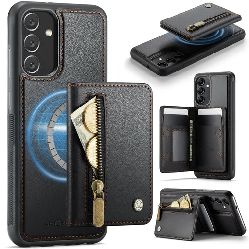 JEEHOOD For Samsung Galaxy A34 5G Case  J12 Magnetic Detachable Zipper Wallet Kickstand Leather Back Cover Magnetic Case - Black - 1