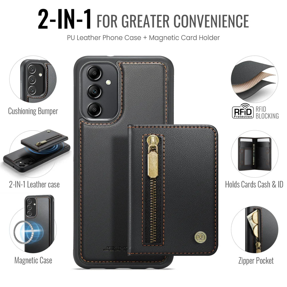 JEEHOOD For Samsung Galaxy A34 5G Case  J12 Magnetic Detachable Zipper Wallet Kickstand Leather Back Cover Magnetic Case - Black - 2