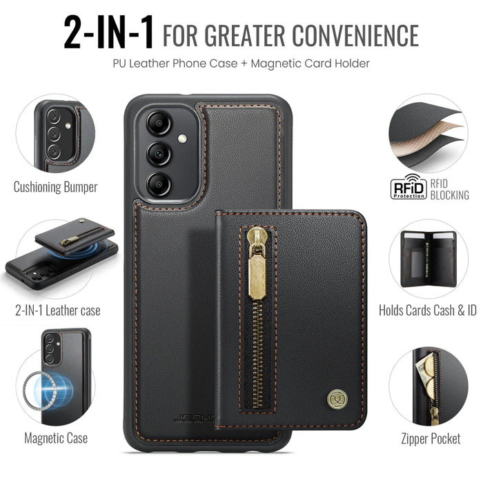 JEEHOOD For Samsung Galaxy A34 5G Case  J12 Magnetic Detachable Zipper Wallet Kickstand Leather Back Cover Magnetic Case - Black - 2