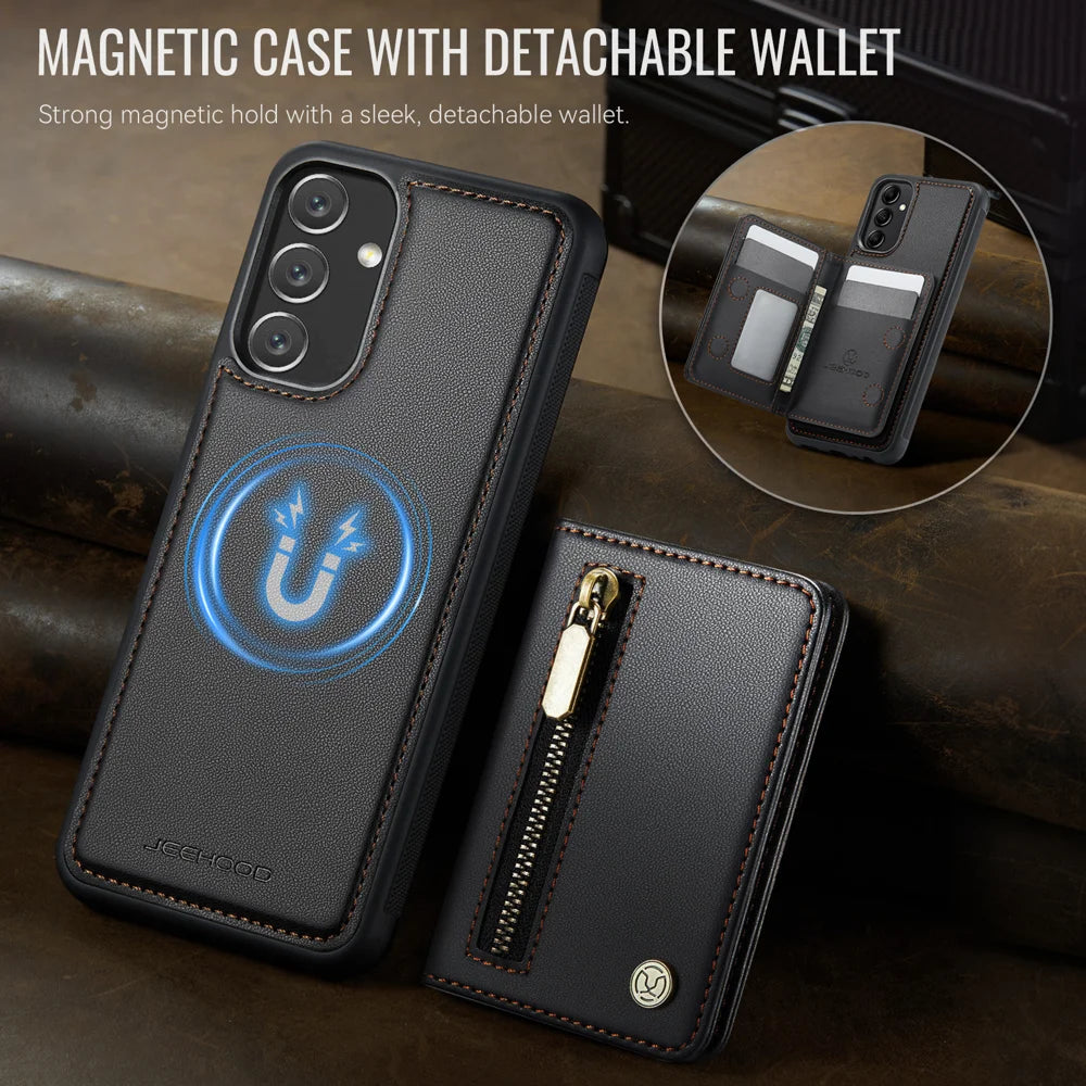JEEHOOD For Samsung Galaxy A34 5G Case  J12 Magnetic Detachable Zipper Wallet Kickstand Leather Back Cover Magnetic Case - Black - 4