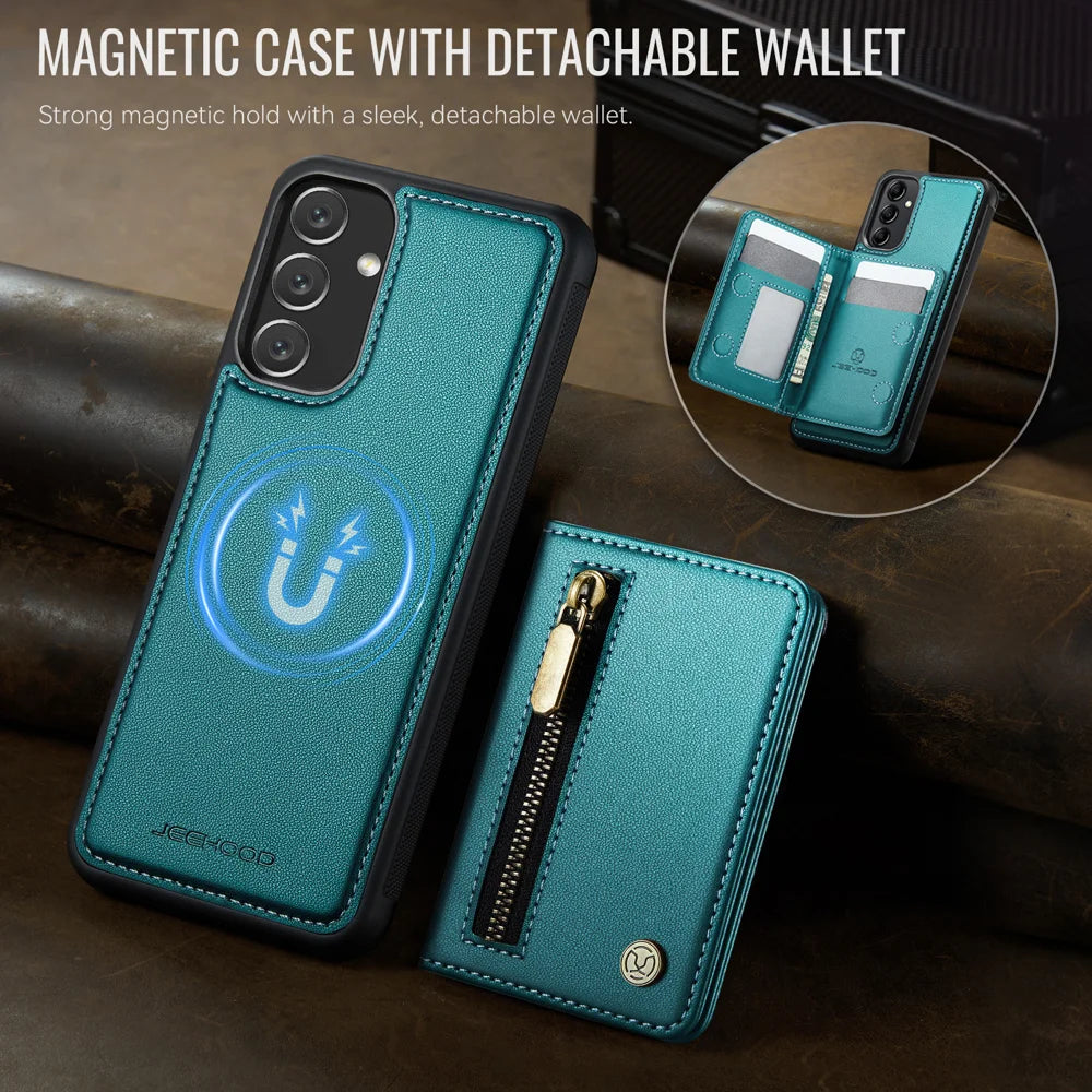 JEEHOOD For Samsung Galaxy M44 5G / Galaxy A14 5G Case  J12 Magnetic Detachable Zipper Wallet Kickstand Leather Back Cover Magnetic Case - Blue - 4
