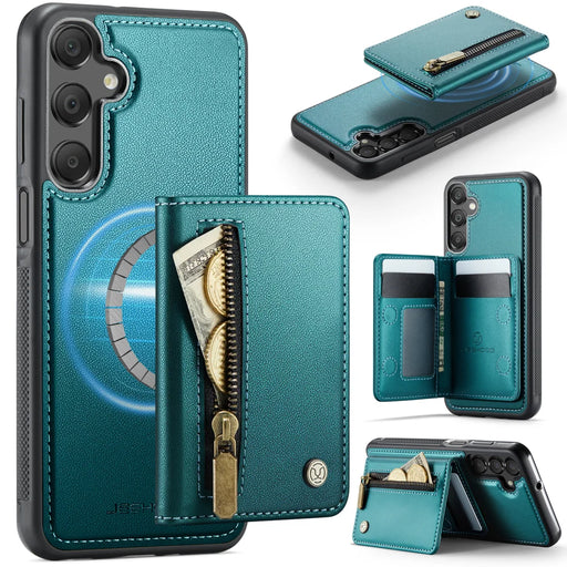 JEEHOOD For Samsung Galaxy A15 4G Case  J12 Magnetic Detachable Zipper Wallet Kickstand Leather Back Cover Magnetic Case - Blue - 1