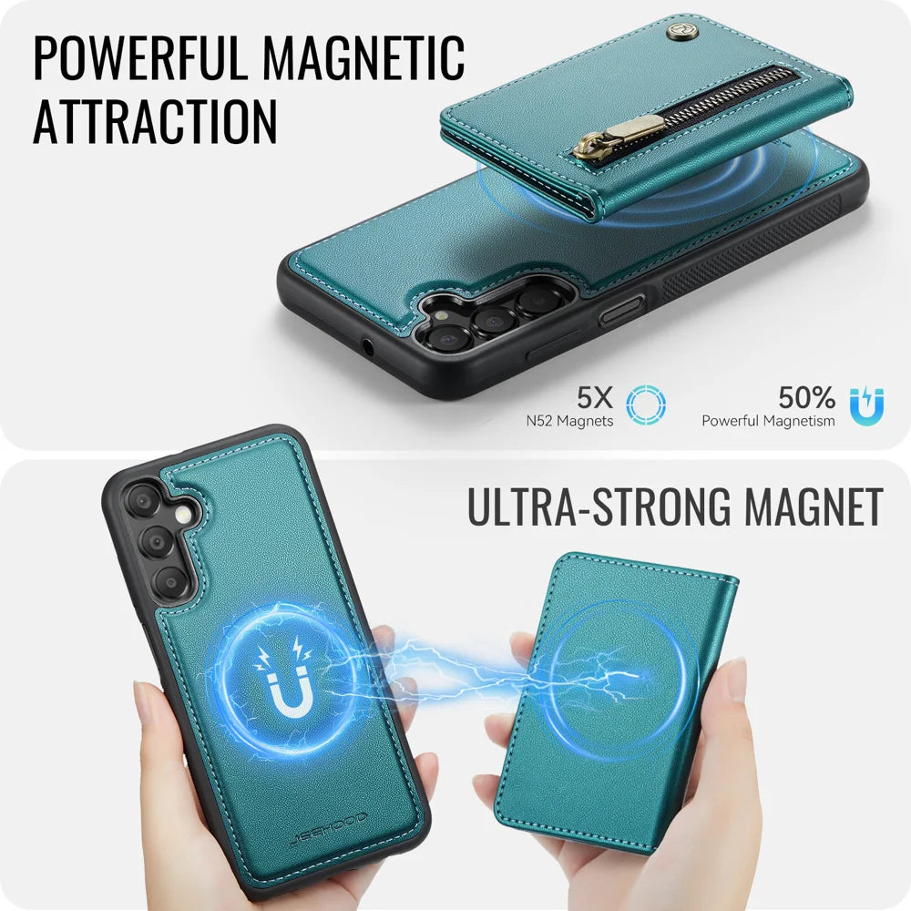 JEEHOOD For Samsung Galaxy A15 4G Case  J12 Magnetic Detachable Zipper Wallet Kickstand Leather Back Cover Magnetic Case - Blue - 3