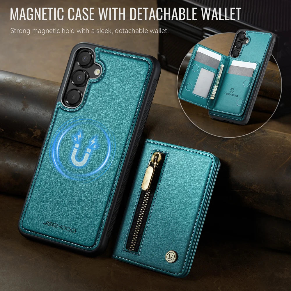 JEEHOOD For Samsung Galaxy A15 4G Case  J12 Magnetic Detachable Zipper Wallet Kickstand Leather Back Cover Magnetic Case - Blue - 4