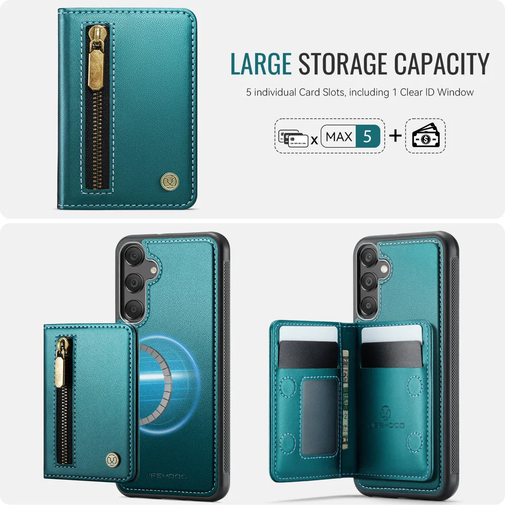 JEEHOOD For Samsung Galaxy A15 4G Case  J12 Magnetic Detachable Zipper Wallet Kickstand Leather Back Cover Magnetic Case - Blue - 5