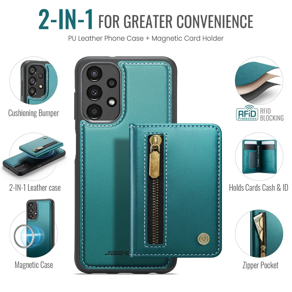 JEEHOOD For Samsung Galaxy A23 5G (Global) / Galaxy A23 4G Case  J12 Magnetic Detachable Zipper Wallet Kickstand Leather Back Cover Magnetic Case - Blue - 2