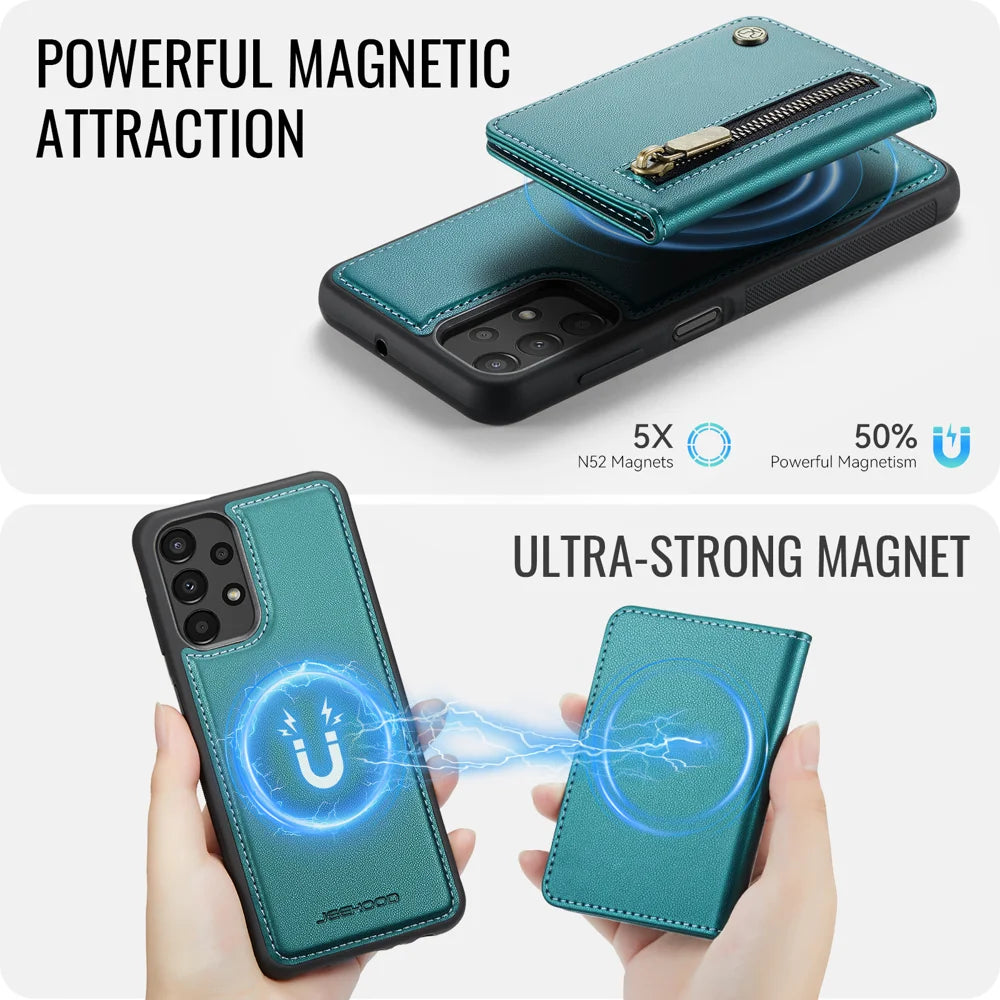 JEEHOOD For Samsung Galaxy A23 5G (Global) / Galaxy A23 4G Case  J12 Magnetic Detachable Zipper Wallet Kickstand Leather Back Cover Magnetic Case - Blue - 3