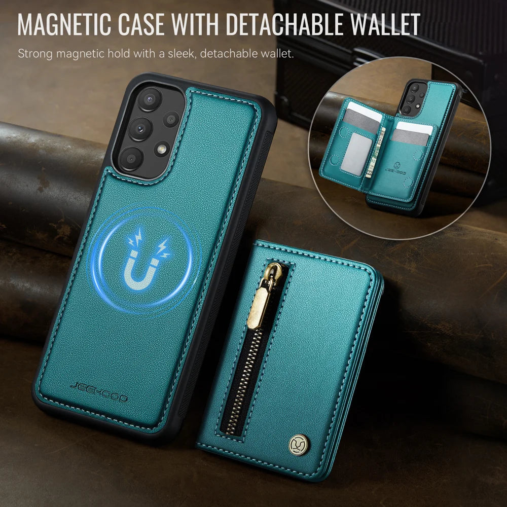 JEEHOOD For Samsung Galaxy A23 5G (Global) / Galaxy A23 4G Case  J12 Magnetic Detachable Zipper Wallet Kickstand Leather Back Cover Magnetic Case - Blue - 4
