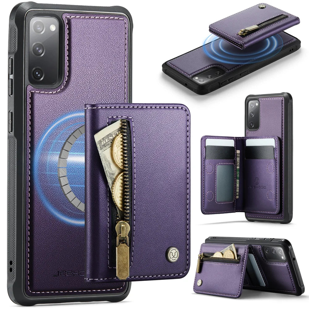 JEEHOOD For Samsung Galaxy S20 FE Case  J12 Magnetic Detachable Zipper Wallet Kickstand Leather Back Cover Magnetic Case - Purple - 1