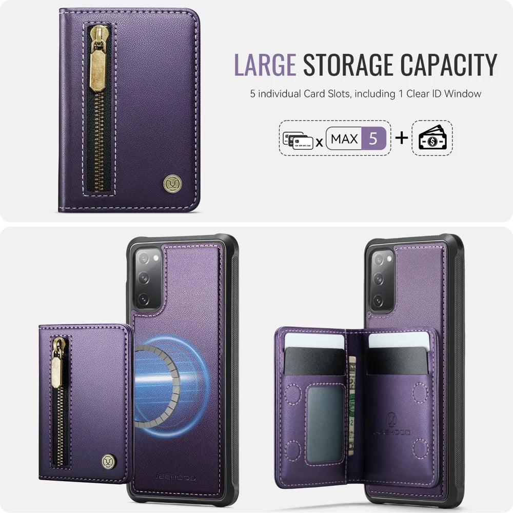 JEEHOOD For Samsung Galaxy S20 FE Case  J12 Magnetic Detachable Zipper Wallet Kickstand Leather Back Cover Magnetic Case - Purple - 5