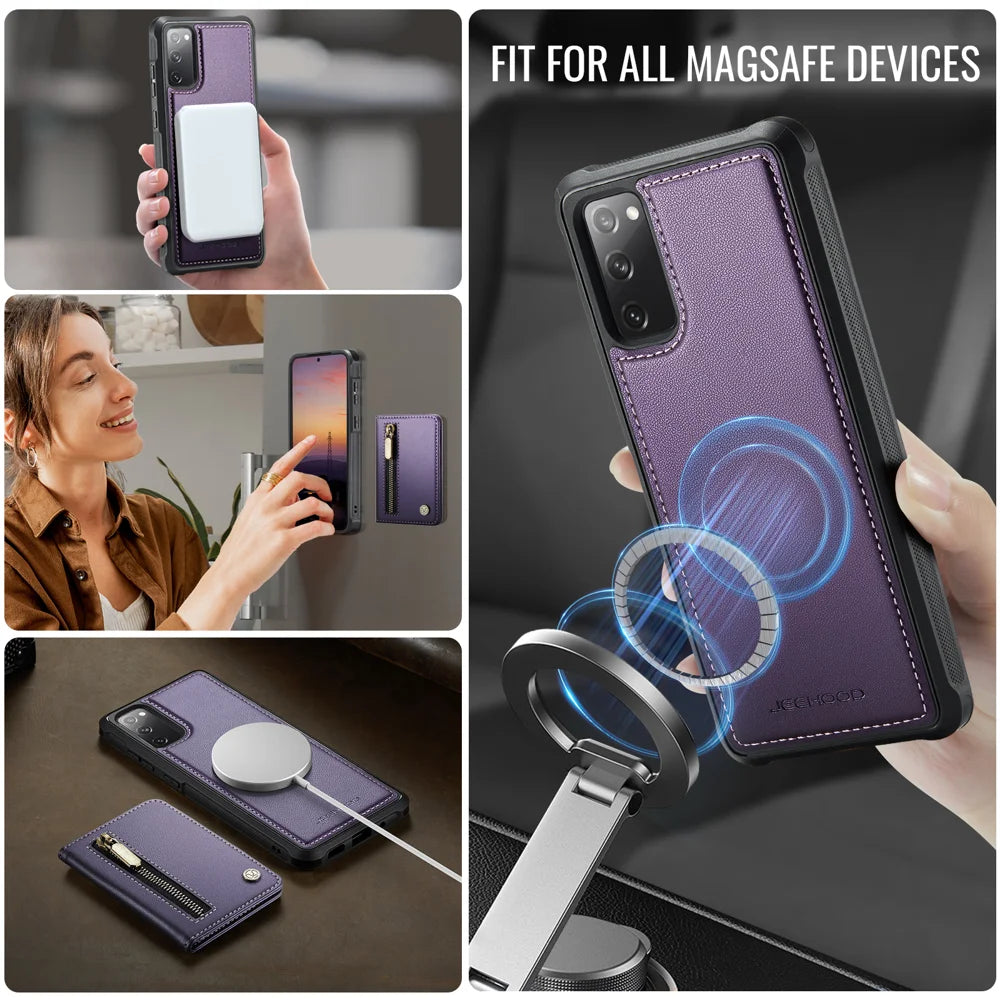 JEEHOOD For Samsung Galaxy S20 FE Case  J12 Magnetic Detachable Zipper Wallet Kickstand Leather Back Cover Magnetic Case - Purple - 6