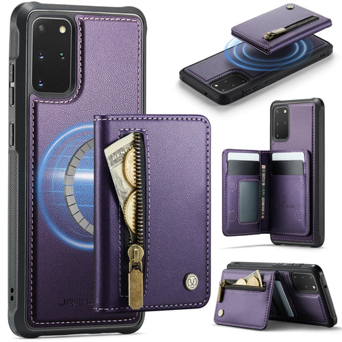JEEHOOD For Samsung Galaxy S20 Plus 5G Case  J12 Magnetic Detachable Zipper Wallet Kickstand Leather Back Cover Magnetic Case - Purple - 1