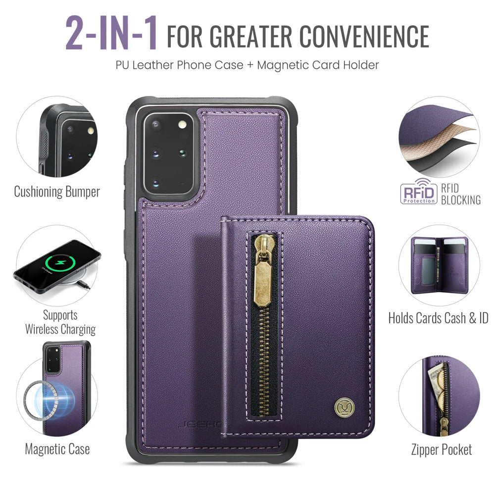 JEEHOOD For Samsung Galaxy S20 Plus 5G Case  J12 Magnetic Detachable Zipper Wallet Kickstand Leather Back Cover Magnetic Case - Purple - 2