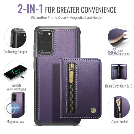 JEEHOOD For Samsung Galaxy S20 Plus 5G Case  J12 Magnetic Detachable Zipper Wallet Kickstand Leather Back Cover Magnetic Case - Purple - 2