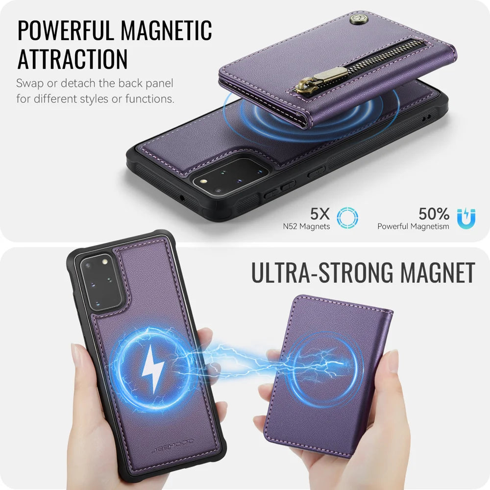 JEEHOOD For Samsung Galaxy S20 Plus 5G Case  J12 Magnetic Detachable Zipper Wallet Kickstand Leather Back Cover Magnetic Case - Purple - 3