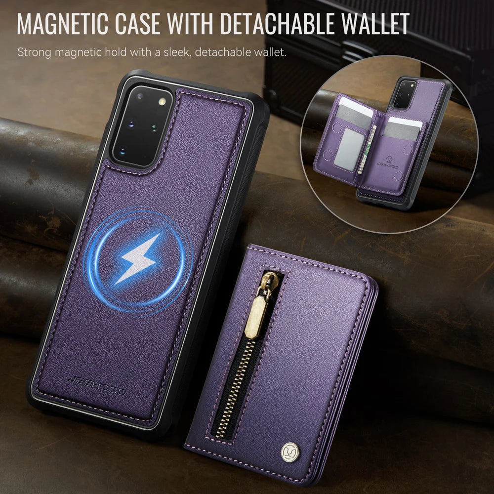 JEEHOOD For Samsung Galaxy S20 Plus 5G Case  J12 Magnetic Detachable Zipper Wallet Kickstand Leather Back Cover Magnetic Case - Purple - 4