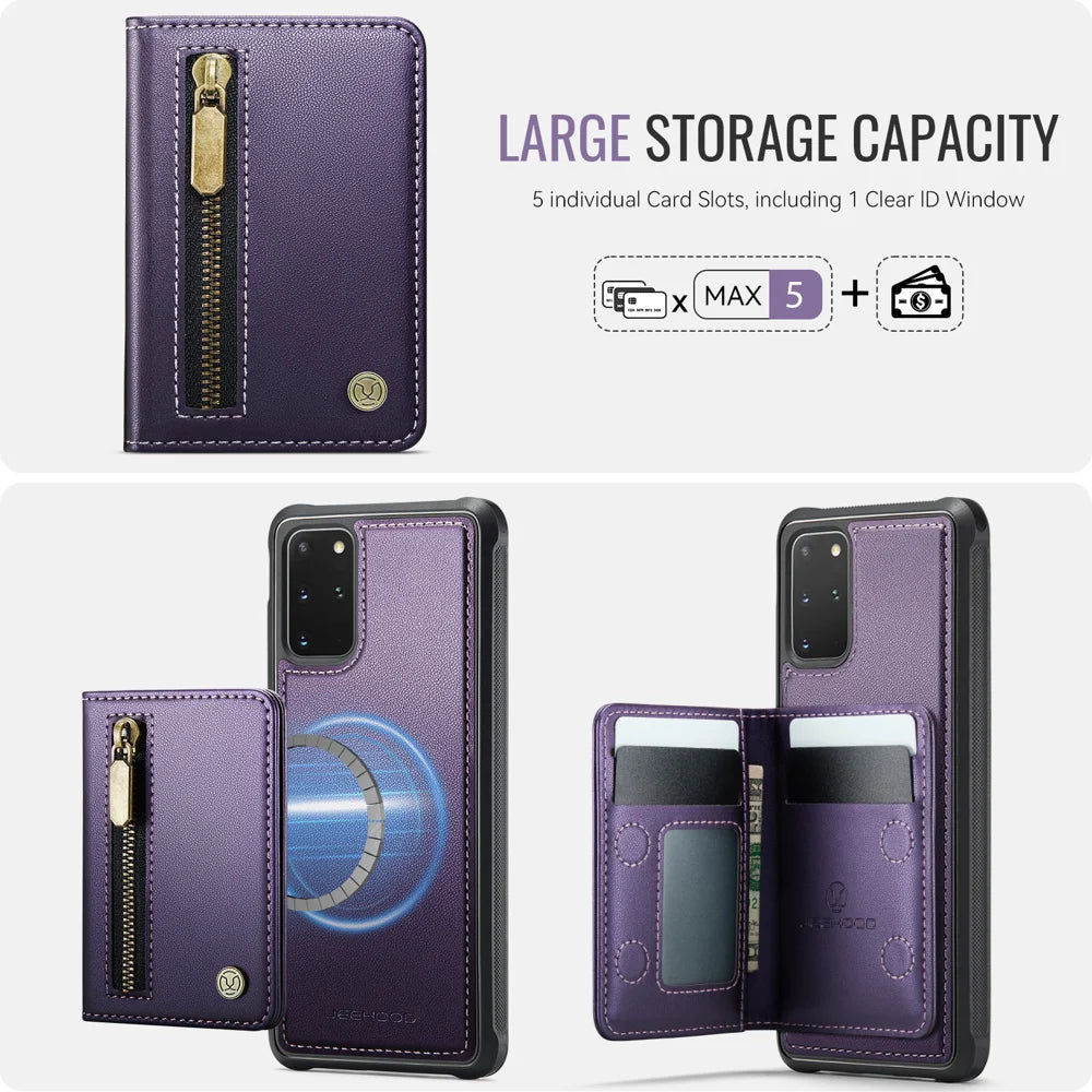 JEEHOOD For Samsung Galaxy S20 Plus 5G Case  J12 Magnetic Detachable Zipper Wallet Kickstand Leather Back Cover Magnetic Case - Purple - 5