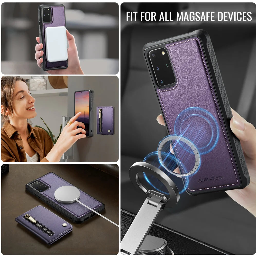 JEEHOOD For Samsung Galaxy S20 Plus 5G Case  J12 Magnetic Detachable Zipper Wallet Kickstand Leather Back Cover Magnetic Case - Purple - 6