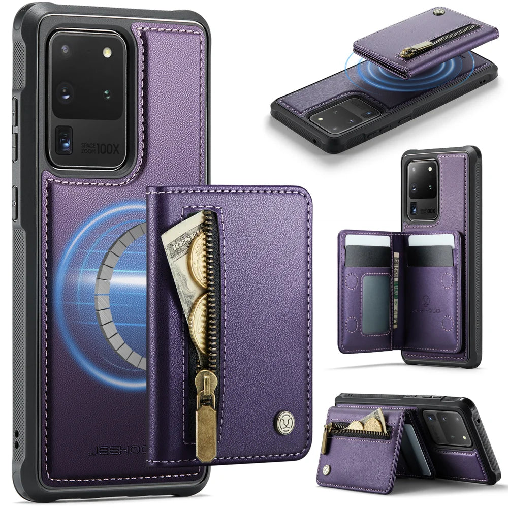 JEEHOOD For Samsung Galaxy S20 Ultra Case  J12 Magnetic Detachable Zipper Wallet Kickstand Leather Back Cover Magnetic Case - Purple - 1
