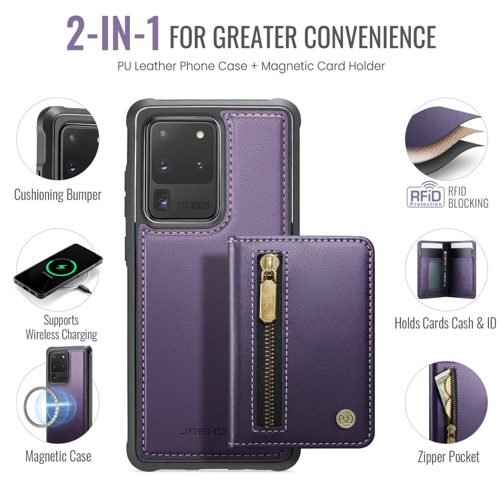 JEEHOOD For Samsung Galaxy S20 Ultra Case  J12 Magnetic Detachable Zipper Wallet Kickstand Leather Back Cover Magnetic Case - Purple - 2