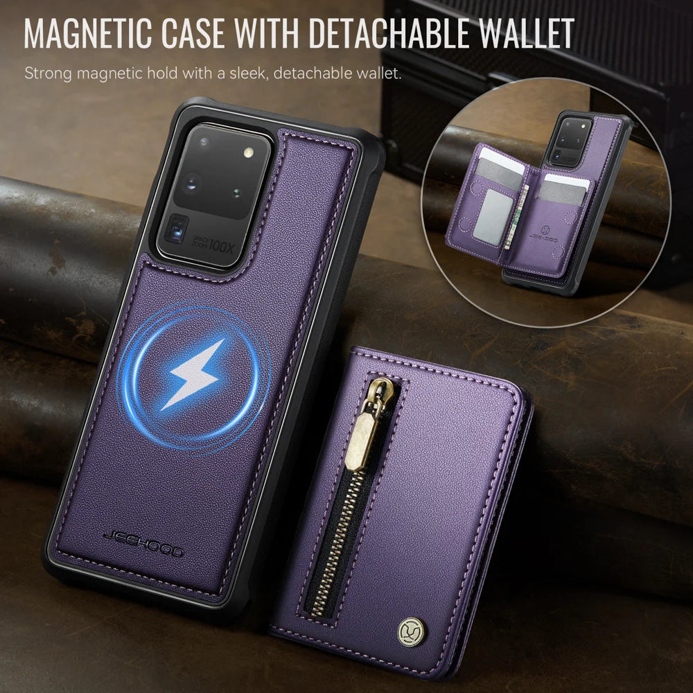 JEEHOOD For Samsung Galaxy S20 Ultra Case  J12 Magnetic Detachable Zipper Wallet Kickstand Leather Back Cover Magnetic Case - Purple - 4