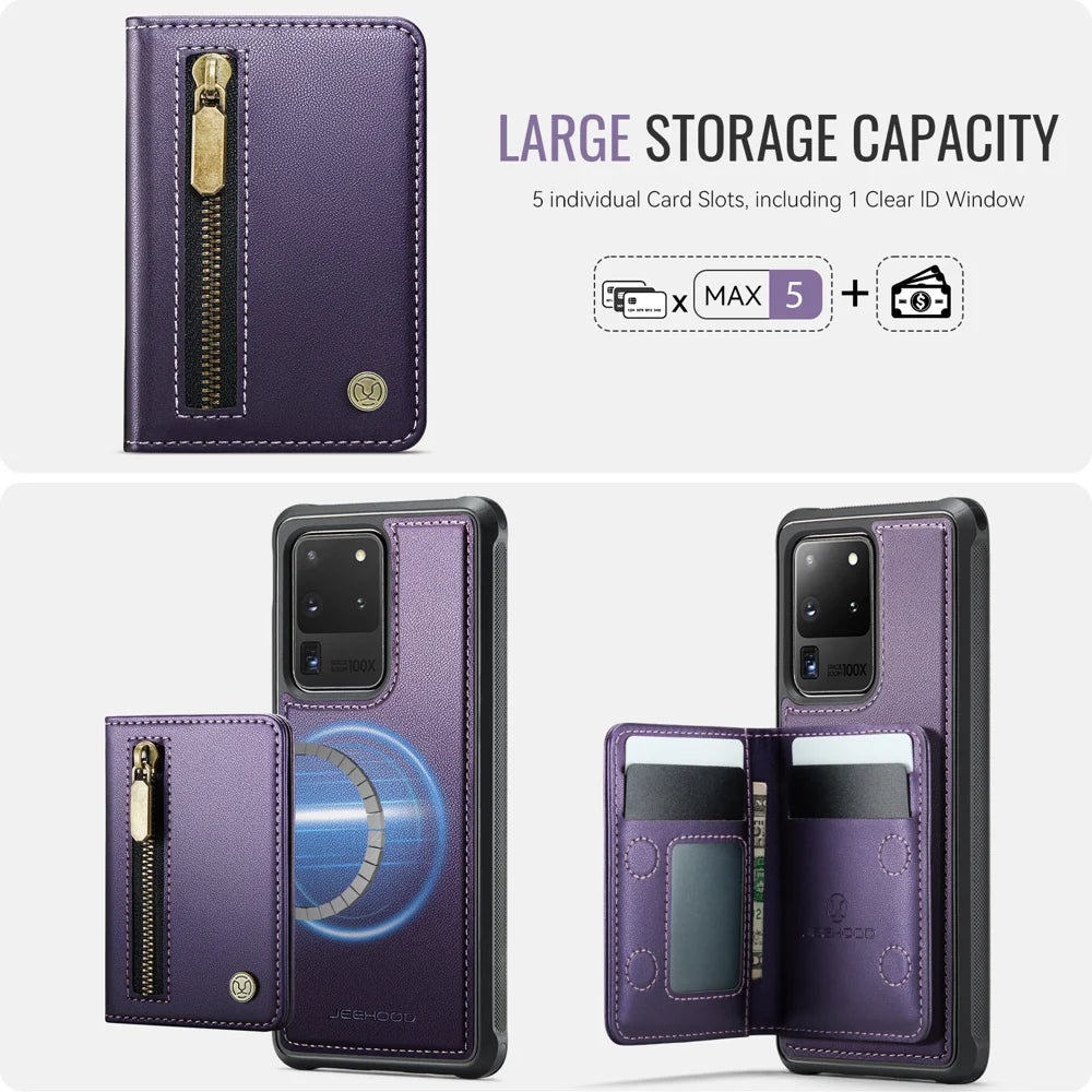 JEEHOOD For Samsung Galaxy S20 Ultra Case  J12 Magnetic Detachable Zipper Wallet Kickstand Leather Back Cover Magnetic Case - Purple - 5