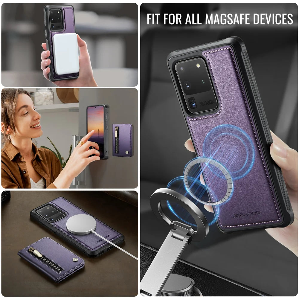 JEEHOOD For Samsung Galaxy S20 Ultra Case  J12 Magnetic Detachable Zipper Wallet Kickstand Leather Back Cover Magnetic Case - Purple - 6