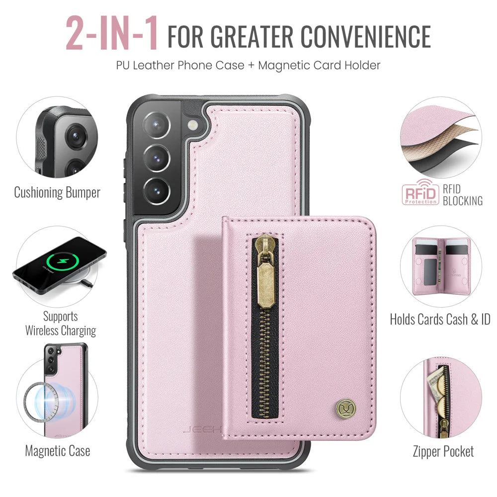 JEEHOOD For Samsung Galaxy S21 FE 5G Case  J12 Magnetic Detachable Zipper Wallet Kickstand Leather Back Cover Magnetic Case - Pink - 2