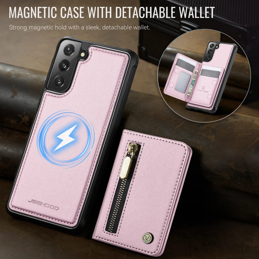 JEEHOOD For Samsung Galaxy S21 FE 5G Case  J12 Magnetic Detachable Zipper Wallet Kickstand Leather Back Cover Magnetic Case - Pink - 4