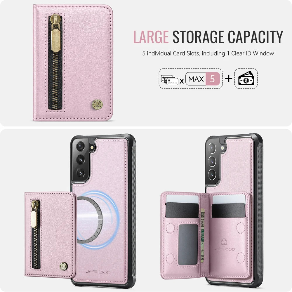 JEEHOOD For Samsung Galaxy S21 FE 5G Case  J12 Magnetic Detachable Zipper Wallet Kickstand Leather Back Cover Magnetic Case - Pink - 5