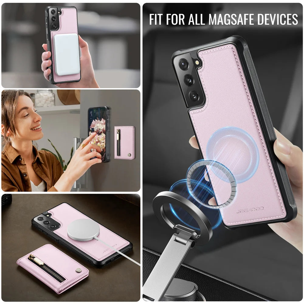 JEEHOOD For Samsung Galaxy S22 5G Case  J12 Magnetic Detachable Zipper Wallet Kickstand Leather Back Cover Magnetic Case - Pink - 6
