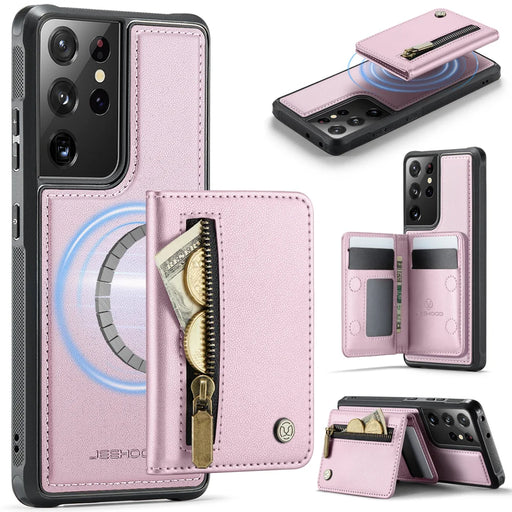 JEEHOOD For Samsung Galaxy S21 Ultra 5G Case  J12 Magnetic Detachable Zipper Wallet Kickstand Leather Back Cover Magnetic Case - Pink - 1