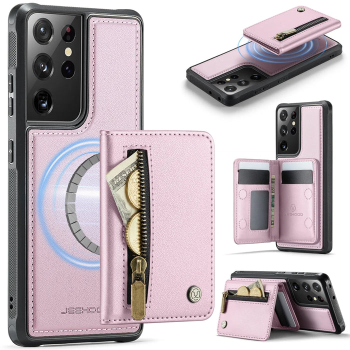 JEEHOOD For Samsung Galaxy S21 Ultra 5G Case  J12 Magnetic Detachable Zipper Wallet Kickstand Leather Back Cover Magnetic Case - Pink - 1