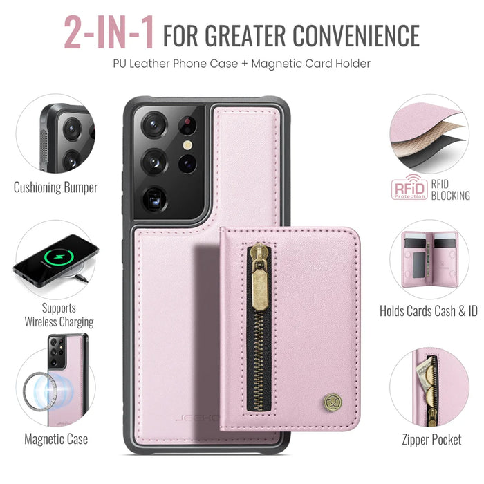 JEEHOOD For Samsung Galaxy S21 Ultra 5G Case  J12 Magnetic Detachable Zipper Wallet Kickstand Leather Back Cover Magnetic Case - Pink - 2