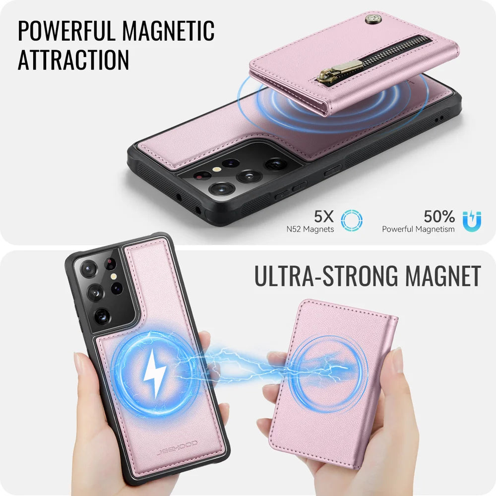 JEEHOOD For Samsung Galaxy S21 Ultra 5G Case  J12 Magnetic Detachable Zipper Wallet Kickstand Leather Back Cover Magnetic Case - Pink - 3