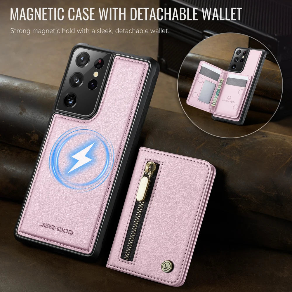 JEEHOOD For Samsung Galaxy S21 Ultra 5G Case  J12 Magnetic Detachable Zipper Wallet Kickstand Leather Back Cover Magnetic Case - Pink - 4