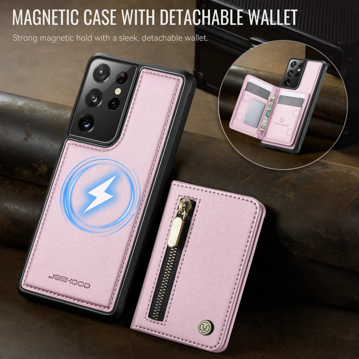 JEEHOOD For Samsung Galaxy S21 Ultra 5G Case  J12 Magnetic Detachable Zipper Wallet Kickstand Leather Back Cover Magnetic Case - Pink - 4