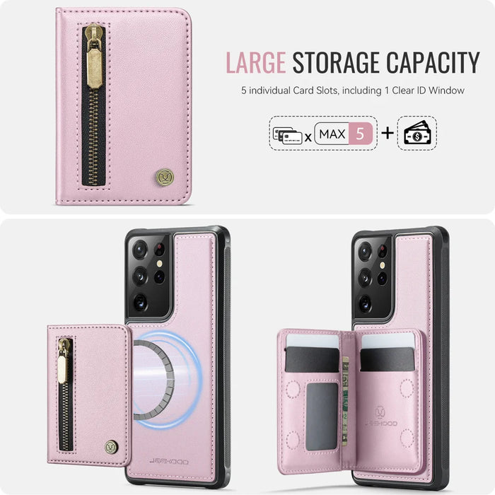 JEEHOOD For Samsung Galaxy S21 Ultra 5G Case  J12 Magnetic Detachable Zipper Wallet Kickstand Leather Back Cover Magnetic Case - Pink - 5