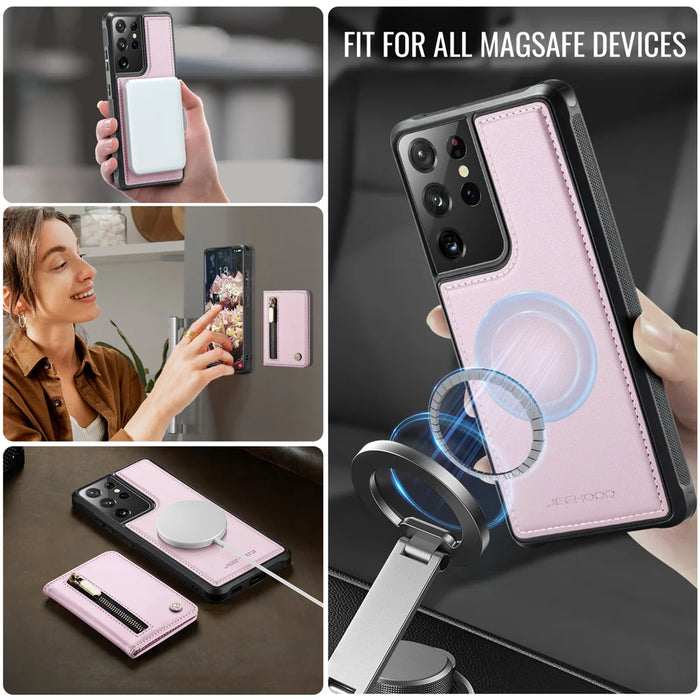JEEHOOD For Samsung Galaxy S21 Ultra 5G Case  J12 Magnetic Detachable Zipper Wallet Kickstand Leather Back Cover Magnetic Case - Pink - 6