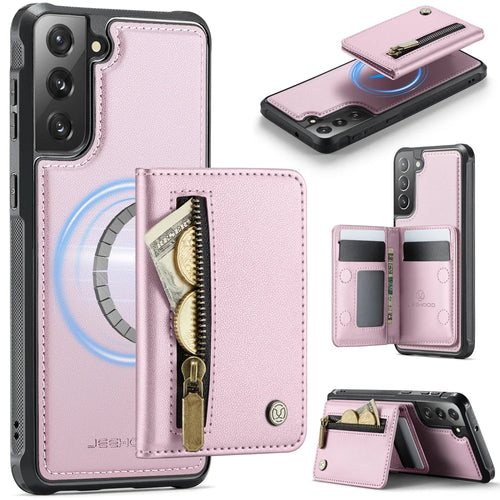 JEEHOOD For Samsung Galaxy S22+ 5G Case  J12 Magnetic Detachable Zipper Wallet Kickstand Leather Back Cover Magnetic Case - Pink - 1