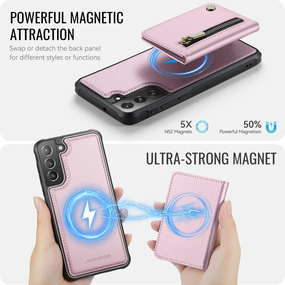 JEEHOOD For Samsung Galaxy S22+ 5G Case  J12 Magnetic Detachable Zipper Wallet Kickstand Leather Back Cover Magnetic Case - Pink - 3