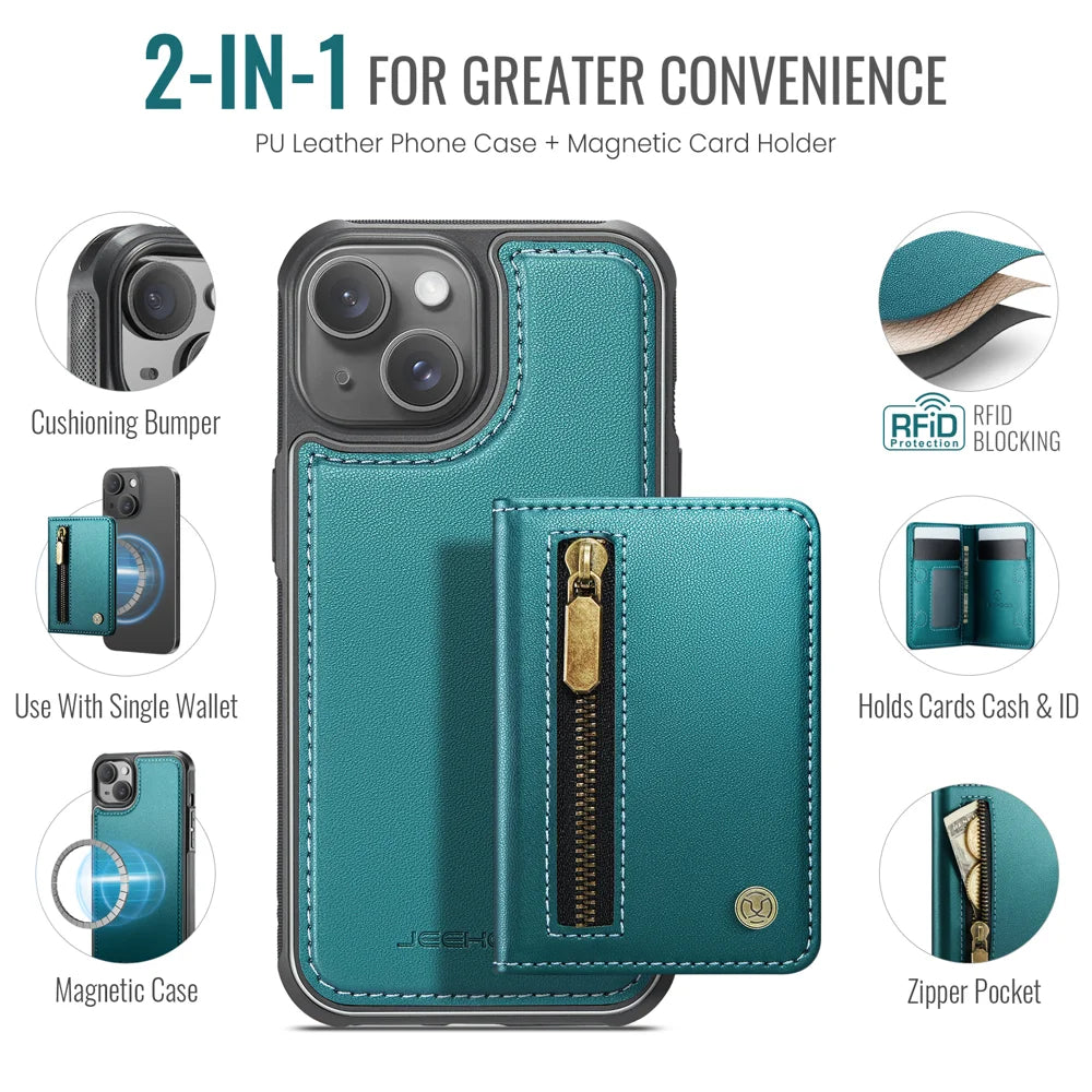JEEHOOD For iPhone 13 6.1 inch Case  J12 Magnetic Detachable Zipper Wallet Kickstand Leather Back Cover Compatible with MagSafe - Blue - 2