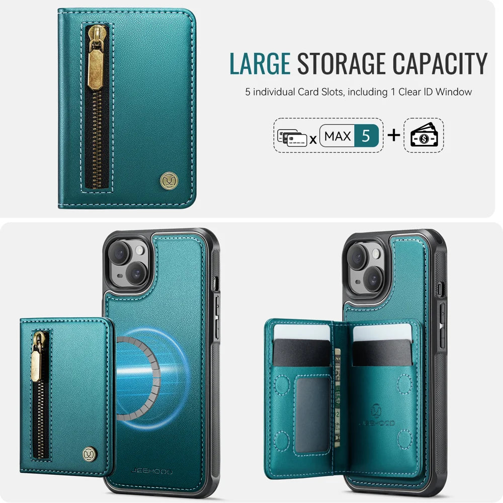 JEEHOOD For iPhone 13 6.1 inch Case  J12 Magnetic Detachable Zipper Wallet Kickstand Leather Back Cover Compatible with MagSafe - Blue - 5