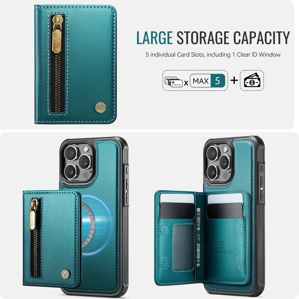 JEEHOOD For iPhone 13 Pro 6.1 inch Case  J12 Magnetic Detachable Zipper Wallet Kickstand Leather Back Cover Compatible with MagSafe - Blue - 5
