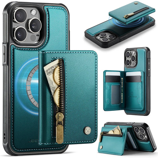 JEEHOOD For iPhone 13 Pro Max 6.7 inch Case  J12 Magnetic Detachable Zipper Wallet Kickstand Leather Back Cover Compatible with MagSafe - Blue - 1