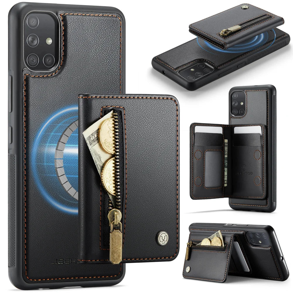 JEEHOOD For Samsung Galaxy A51 4G SM-A515 Case  J12 Magnetic Detachable Zipper Wallet Kickstand Leather Back Cover Magnetic Case - Black - 1