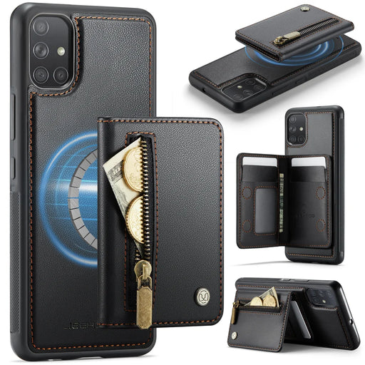 JEEHOOD For Samsung Galaxy A51 4G SM-A515 Case  J12 Magnetic Detachable Zipper Wallet Kickstand Leather Back Cover Magnetic Case - Black - 1
