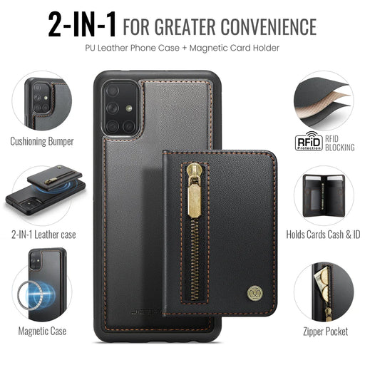 JEEHOOD For Samsung Galaxy A51 4G SM-A515 Case  J12 Magnetic Detachable Zipper Wallet Kickstand Leather Back Cover Magnetic Case - Black - 2