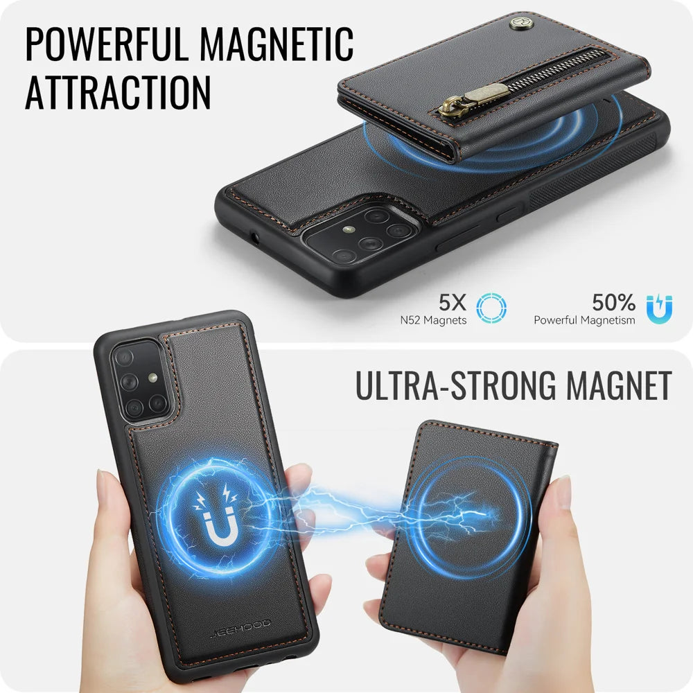 JEEHOOD For Samsung Galaxy A51 4G SM-A515 Case  J12 Magnetic Detachable Zipper Wallet Kickstand Leather Back Cover Magnetic Case - Black - 3